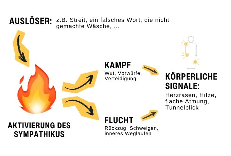 Darstellung Kampf- oder Fluchtreaktion bei Stress mit körperlichen Signalen